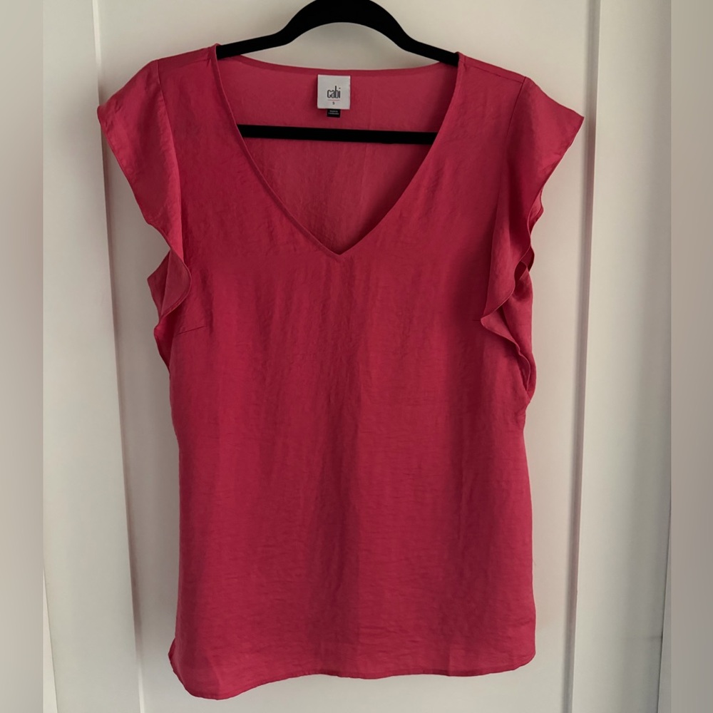 CAbi #4170 V-Neck Pink Ruffle Sleeve Rose Top